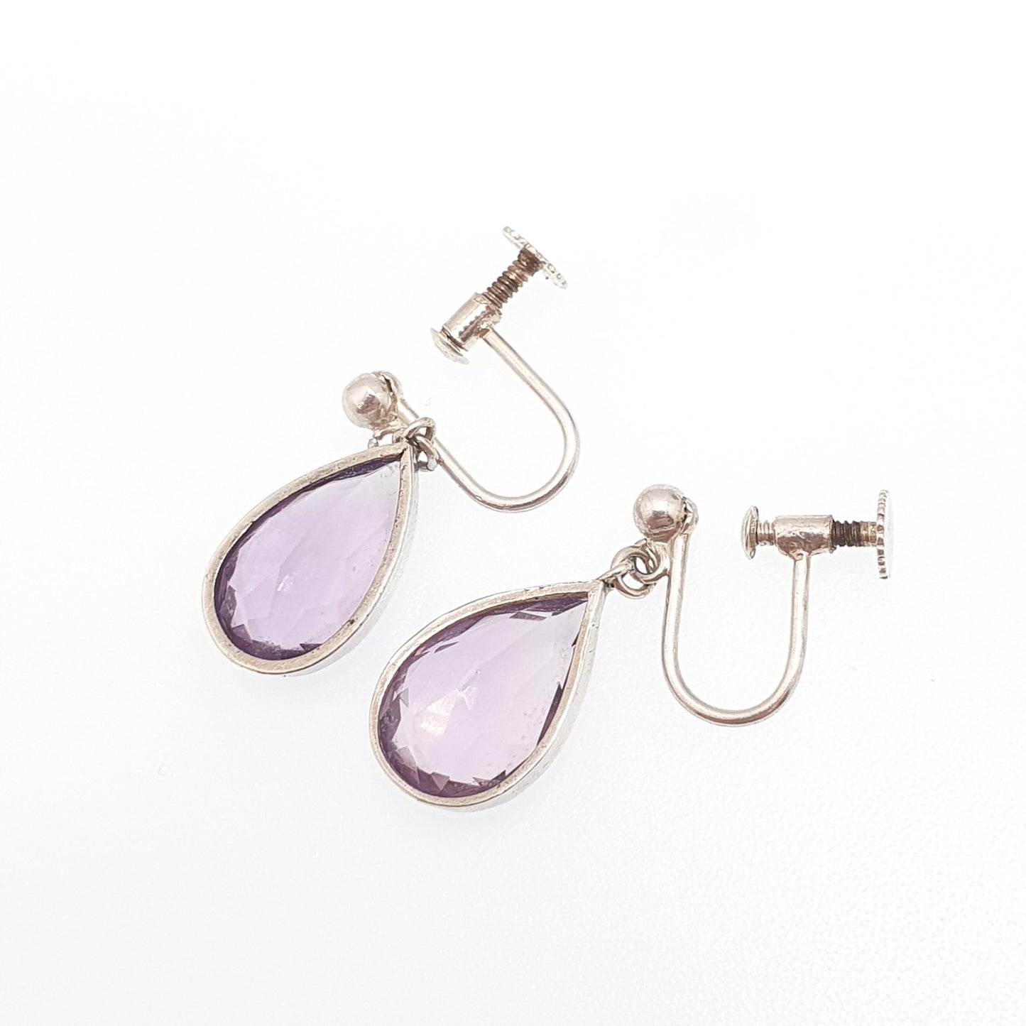 Antique Sterling Silver Natural Amethyst Earrings Pear Cut Purple Gemstone Quartz Screw Back Vintage Jewelry Jewellery