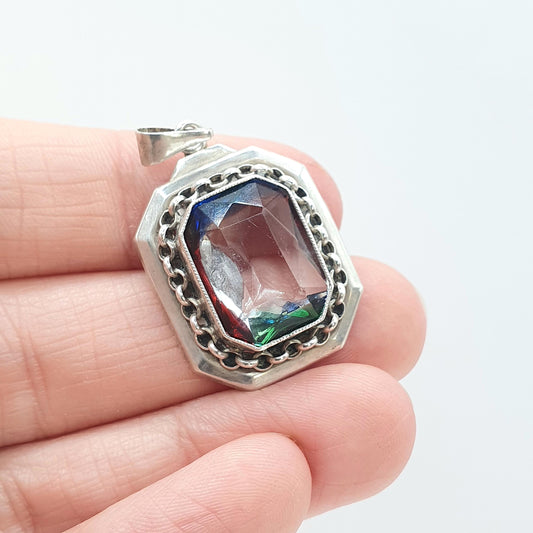 Antique Art Deco Solid Silver Rainbow Iris Glass Pendant Multi Coloured Rectangular Tutti Frutti Vintage Womens Jewellery Jewelry