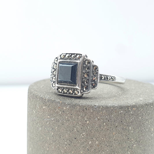 Antique Art Deco Solid Silver Hematite & Marcasite Ring Square Cut Geometric Ladies Vintage Womens Mens Jewelry Jewellery UK P.5 or US 7.75