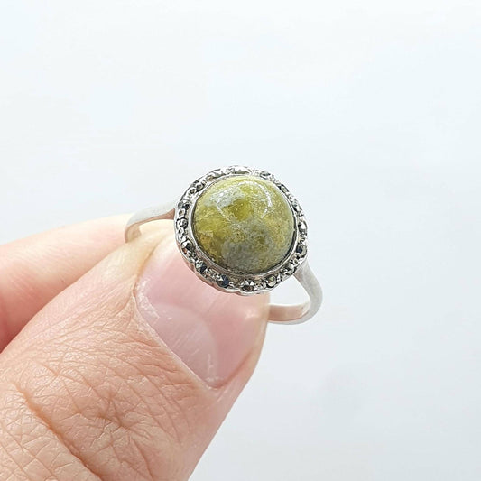 Antique Art Deco Sterling Silver Connemara Marble Ring Marcasite Halo Irish Gemstone Womens Jewelry Jewellery Vintage UK Q US 8