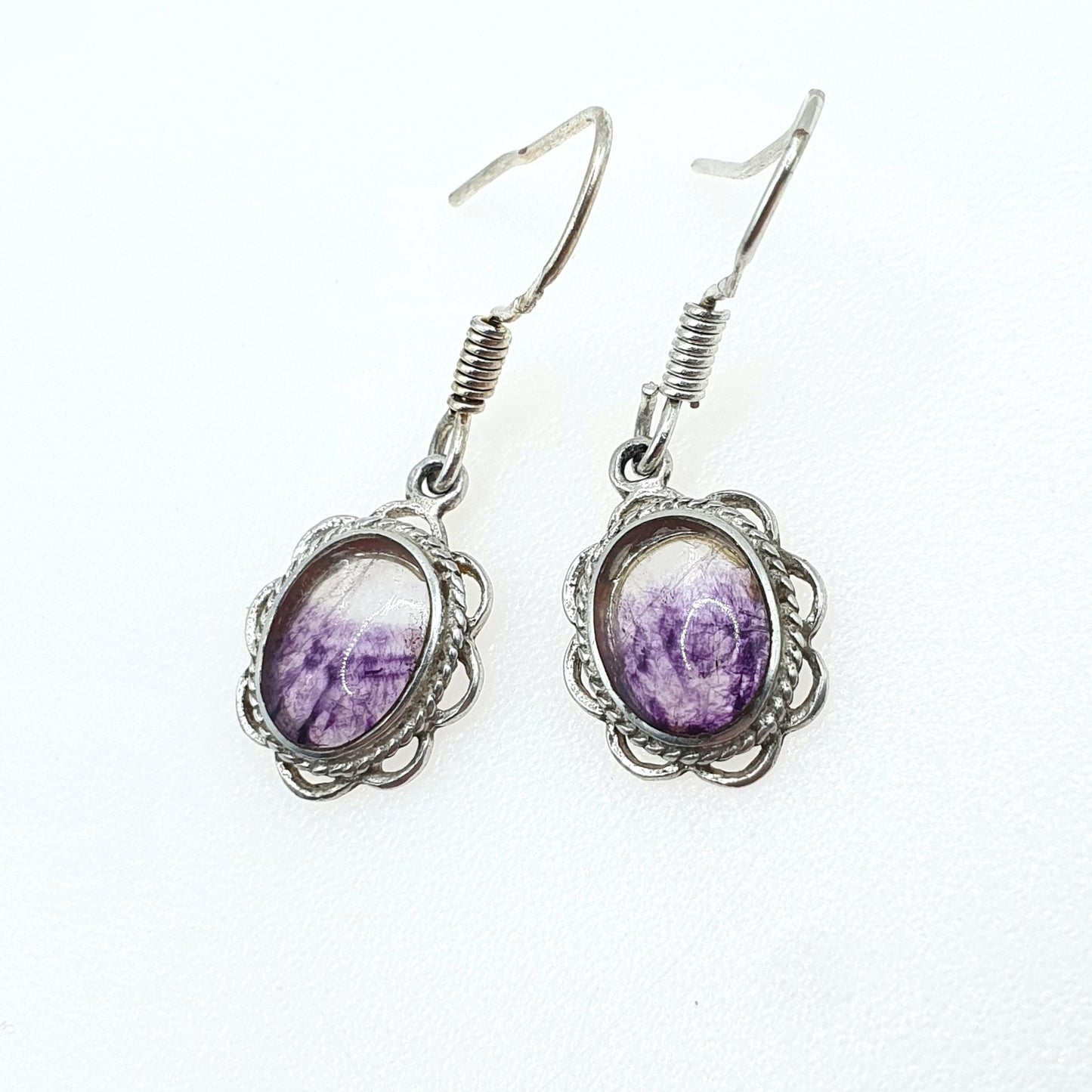 Vintage Sterling Silver Blue John Hook Earrings Oval Cabochon Gemstone Bleu Jaune Fluorite Womens Jewelry Jewellery