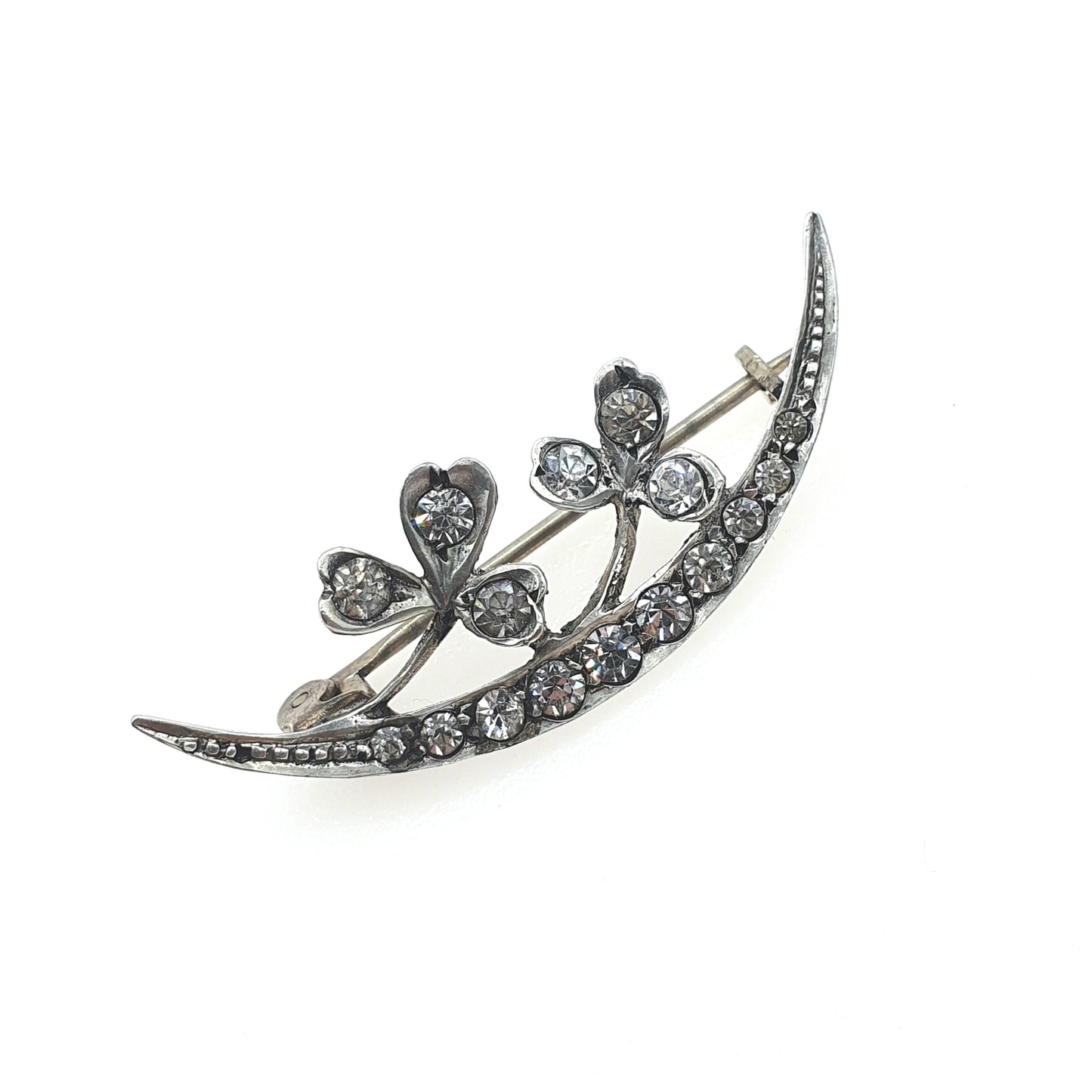 Antique Victorian Solid Silver Diamond Paste Crescent Moon Clover Brooch Luck Celestial Vintage Womens Jewellery Jewelry