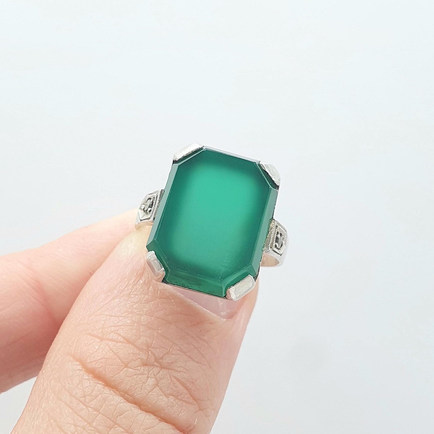 Antique Art Deco Solid Silver Chrysoprase Ring Rectangular Cut Marcasite Shoulders Womens Jewelry Jewellery UK N US 6.5