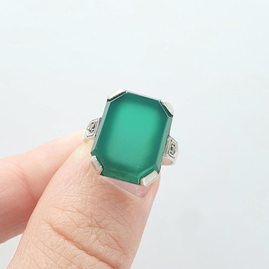 Antique Art Deco Solid Silver Chrysoprase Ring Rectangular Cut Marcasite Shoulders Womens Jewelry Jewellery UK N US 6.5