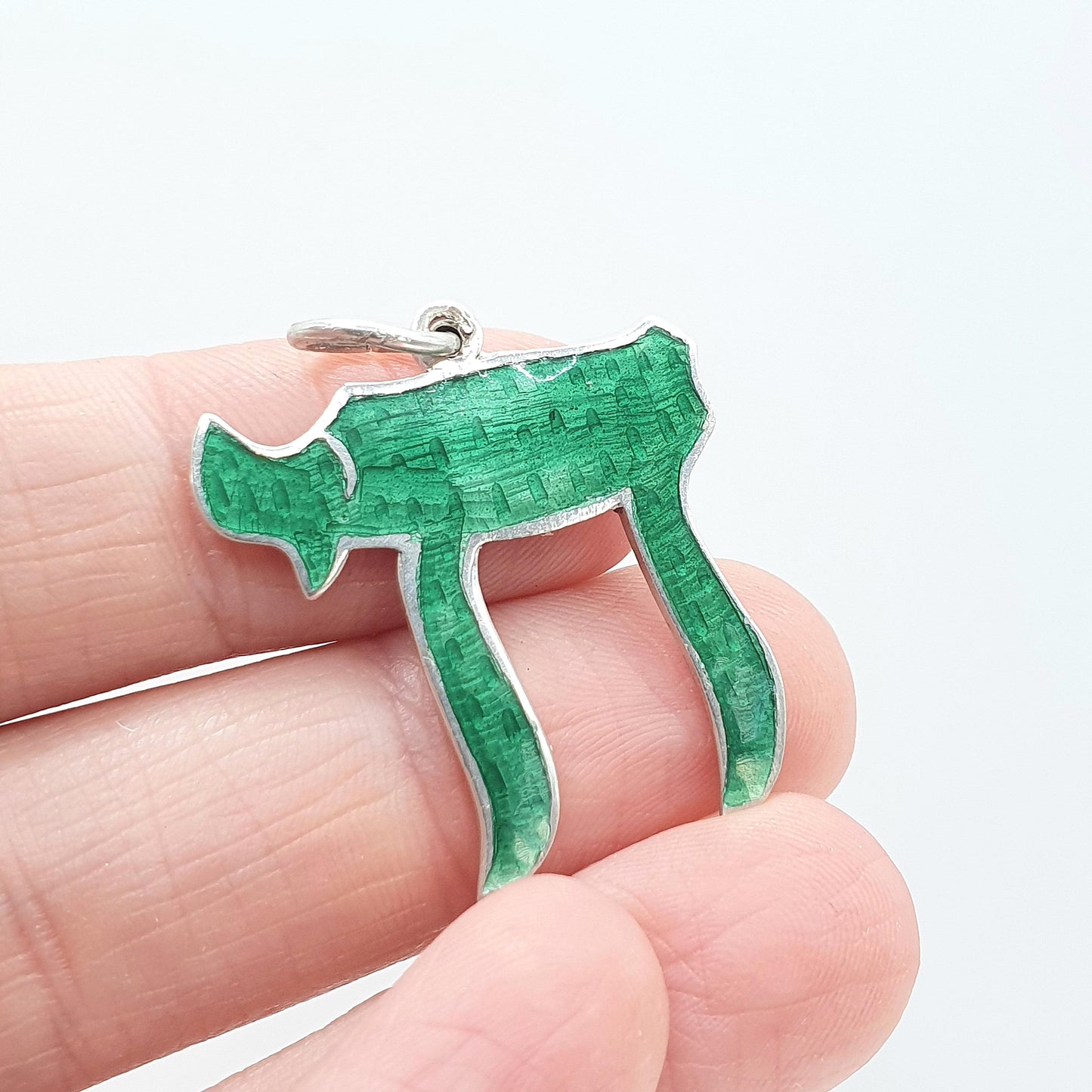 Vintage Sterling Silver Chai Symbol Pendant Hebrew Symbol of Life  Green Enamel Mens Womens Jewelry Jewellery