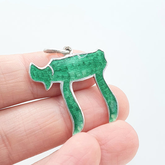 Vintage Sterling Silver Chai Symbol Pendant Hebrew Symbol of Life  Green Enamel Mens Womens Jewelry Jewellery