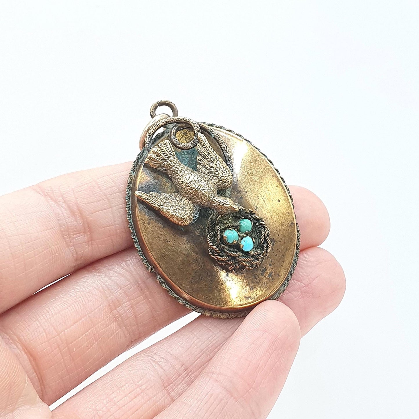 Antique Victorian Bird & Nest Turquoise Pendant Swallow with Eggs Gold Tone Genuine Gemstone Vintage Necklace Jewellery Jewelry