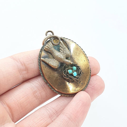 Antique Victorian Bird & Nest Turquoise Pendant Swallow with Eggs Gold Tone Genuine Gemstone Vintage Necklace Jewellery Jewelry