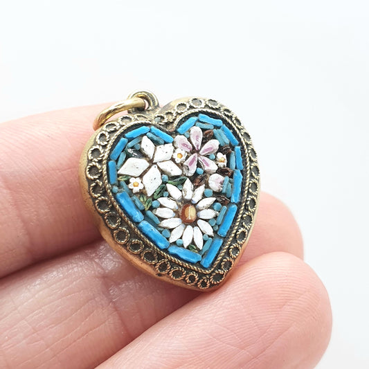 Antique Victorian Micro Mosaic Heart Pendant Gold Gilt Micromosaic Handmade Floral Blue Love Womens Mens Jewelry Jewellery