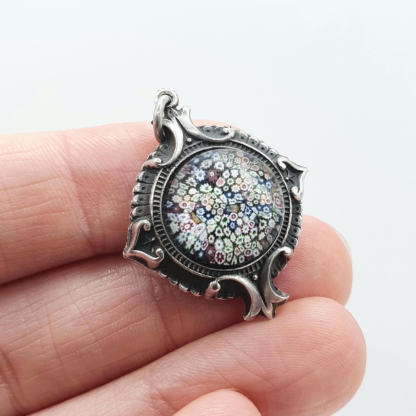 Antique Victorian Solid Silver Millefiori Pendant Venetian Murano Glass Genuine 1800s Etruscan Womens Jewelry Jewellery Mens