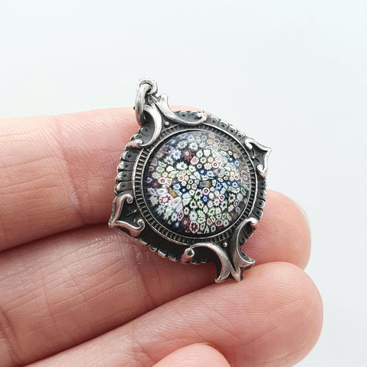 Antique Victorian Solid Silver Millefiori Pendant Venetian Murano Glass Genuine 1800s Etruscan Womens Jewelry Jewellery Mens
