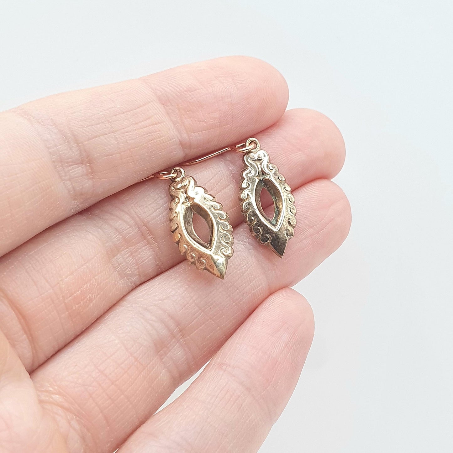 Antique Victorian Rose Rolled Gold Earrings Eye Ellipse Shape Hook Drop Dangle Gold Filled Vintage Womens Jewellery Jewelry