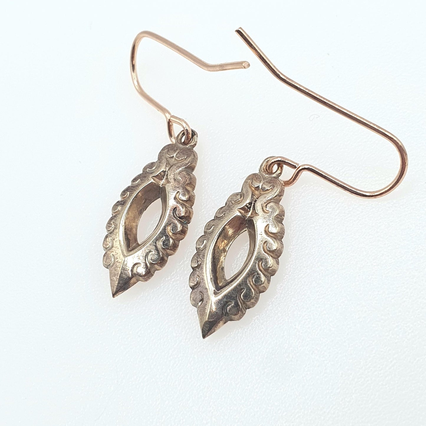 Antique Victorian Rose Rolled Gold Earrings Eye Ellipse Shape Hook Drop Dangle Gold Filled Vintage Womens Jewellery Jewelry