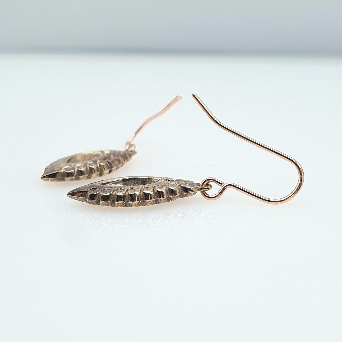 Antique Victorian Rose Rolled Gold Earrings Eye Ellipse Shape Hook Drop Dangle Gold Filled Vintage Womens Jewellery Jewelry