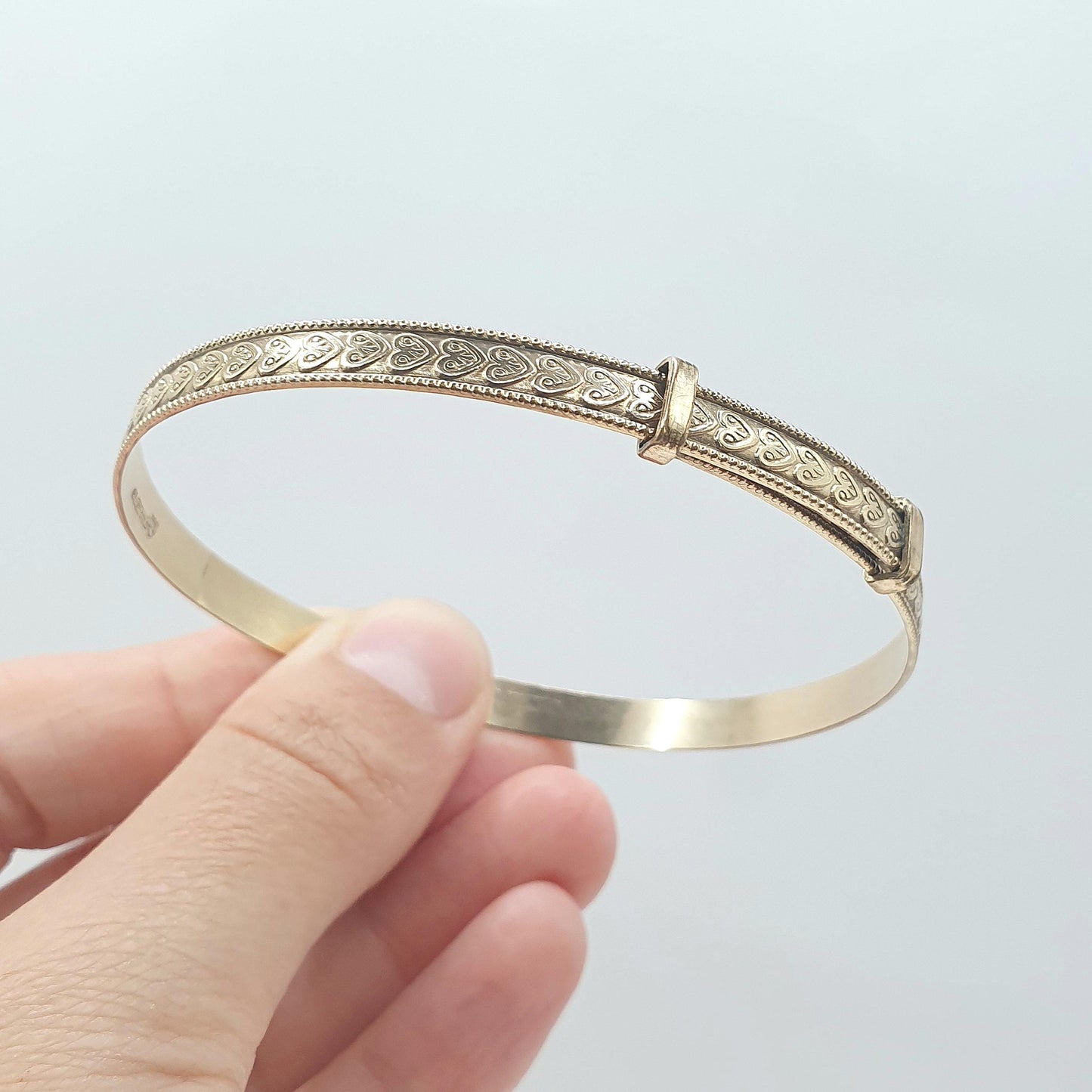 Antique Rolled Gold Bangle Heart Patterned Retracting Gold Filled Bracelet Womens Ladies Jewelry Vintage Jewellery