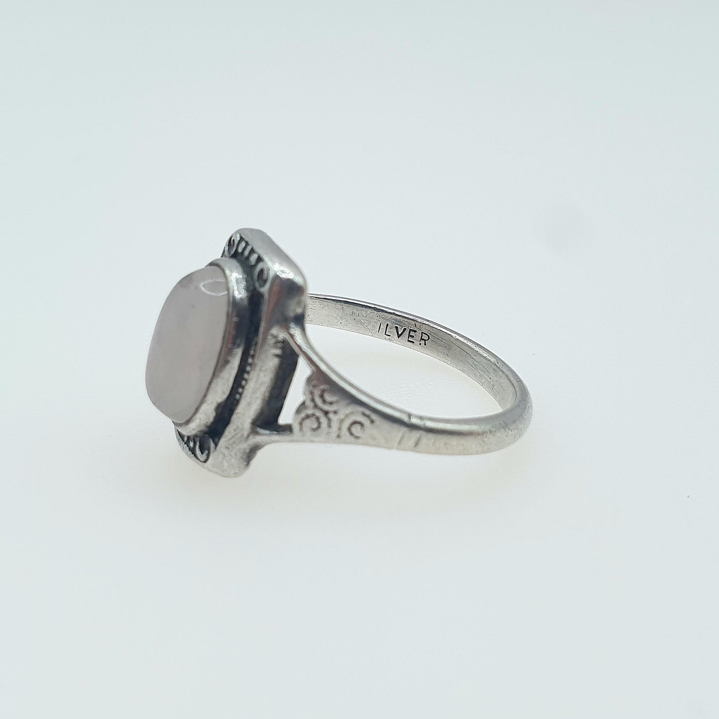 Antique Arts and Crafts Solid Silver Rose Quartz Ring Oval Cabochon Pink Quartz Jewelry Jewellery Vintage UK O.5 or US 7.5