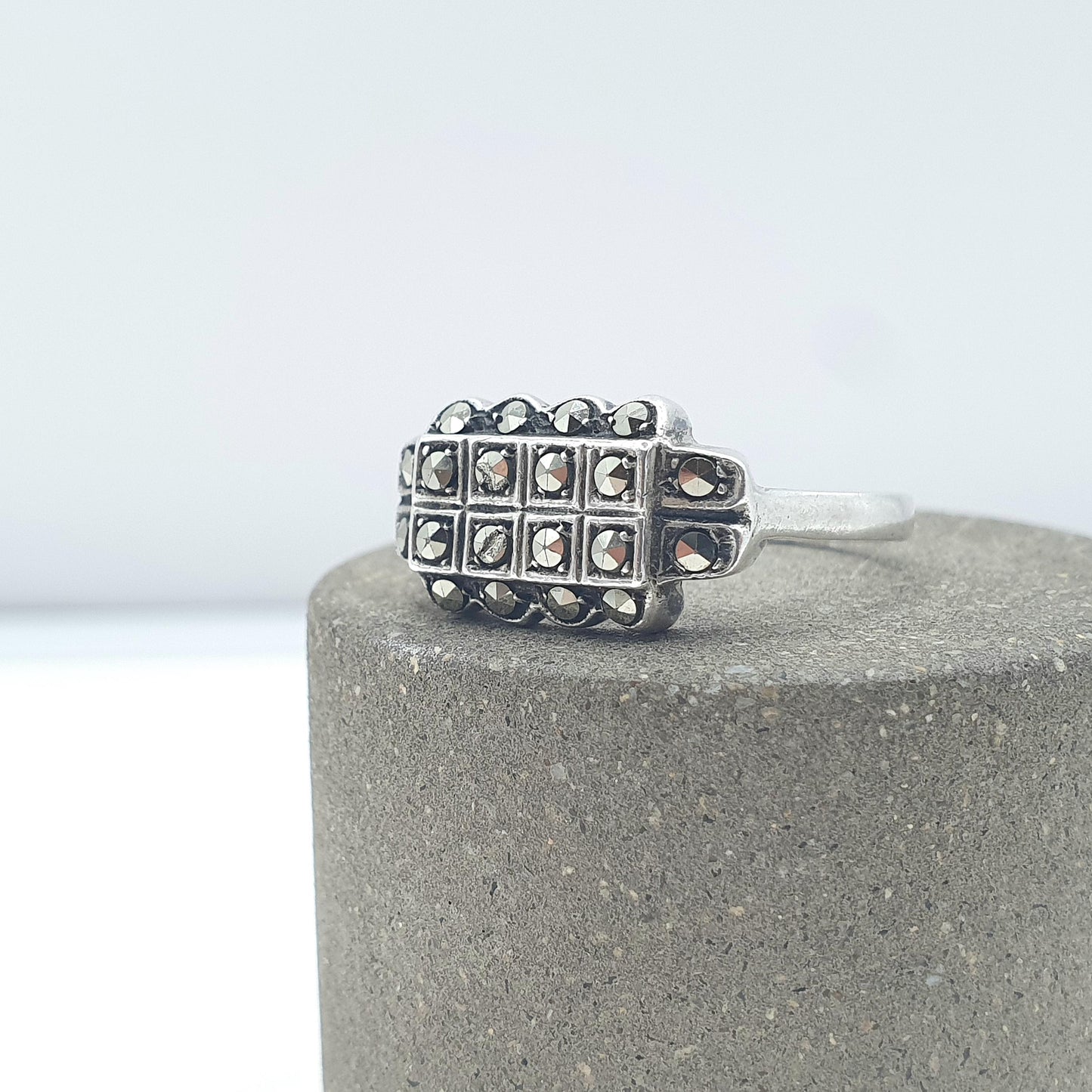 Antique Art Deco Sterling Silver Marcasite Ring Rectangular Geometric Cocktail Flapper Jewellery Womens UK Q US 8.25