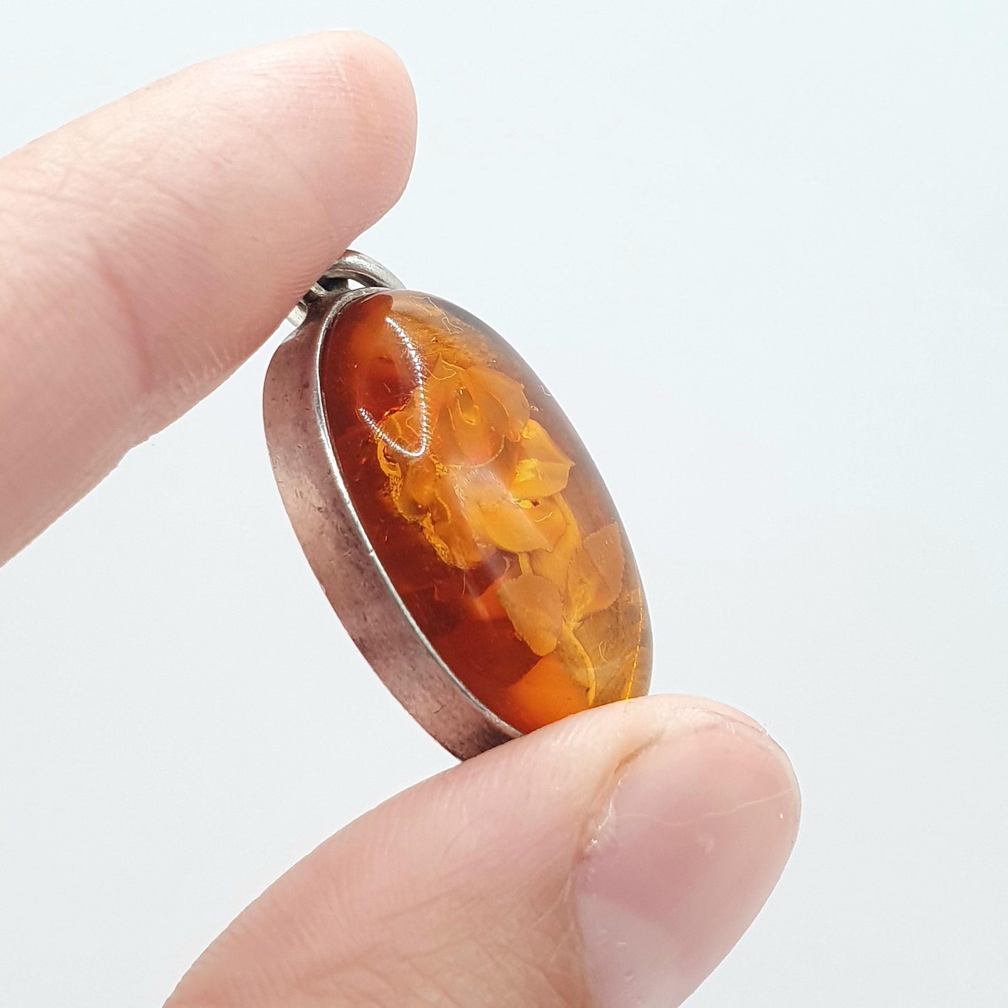 Vintage Sterling Silver Reverse Carved Amber Pendant Flower Intaglio Orange Jewellery Retro Solid 925 Floral Womens Jewelry Mens