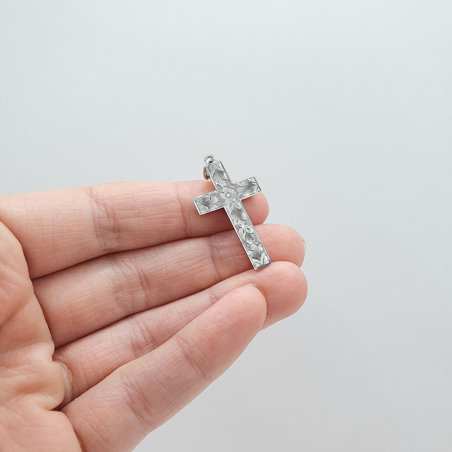 Antique Sterling Silver Crucifix Pendant Hand Engraved Cross Cruciform Christian Religious Mens Womens Jewelry Jewellery