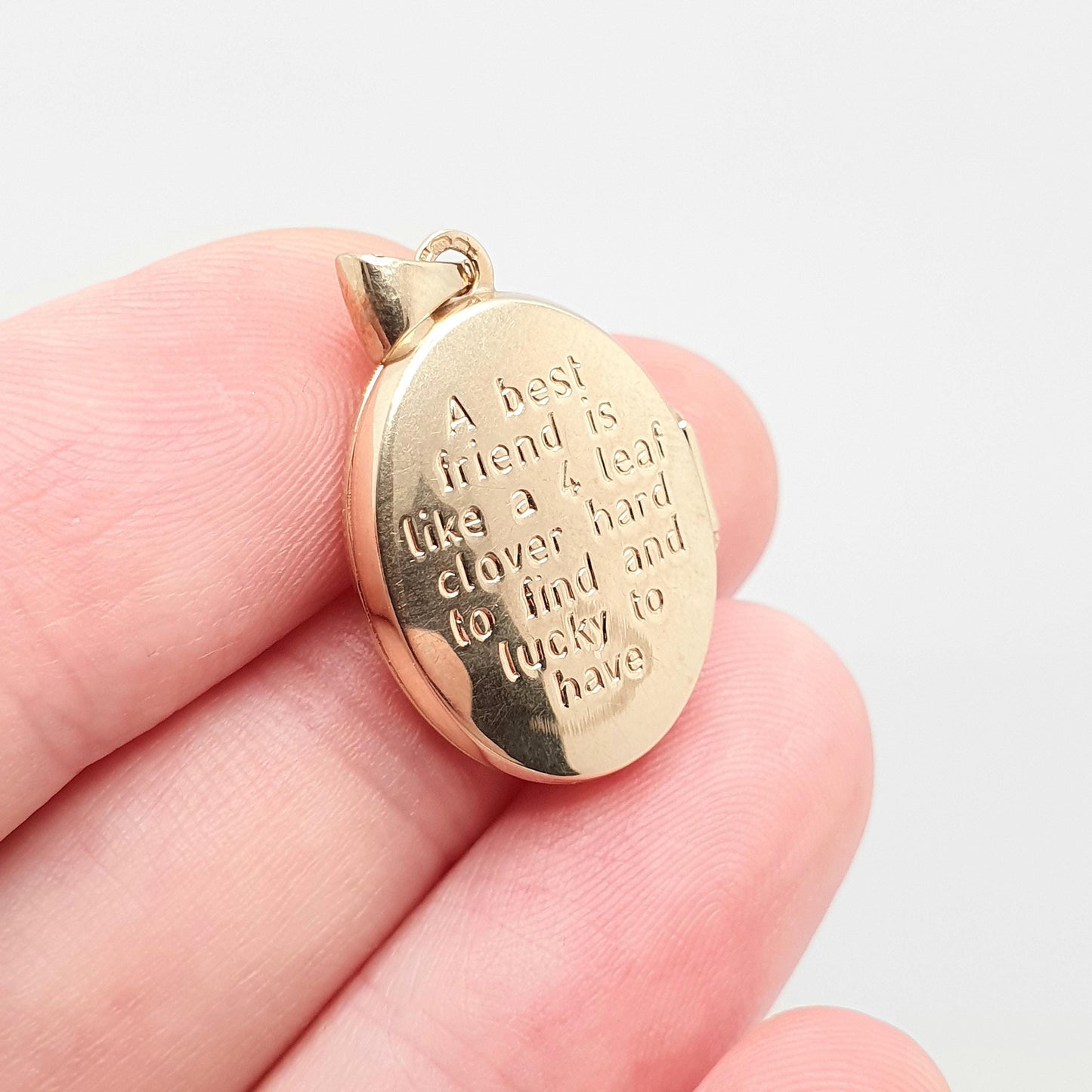 Vintage Solid 9ct 9k Gold Locket "A Best Friend Is Like A 4 Leaf Clover" Irish Proverb Necklace Pendant Jewelry Jewellery