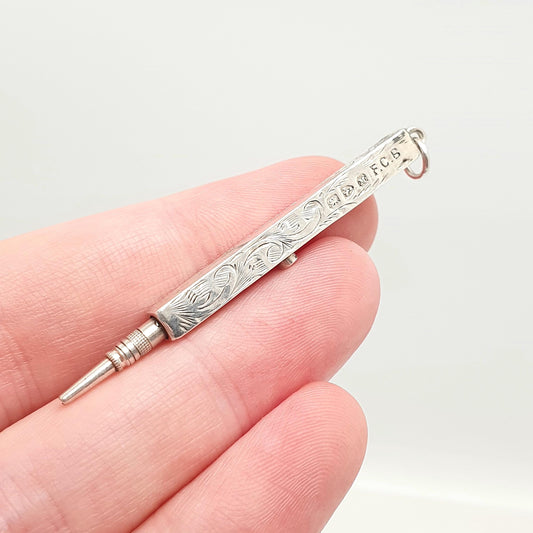 Antique Victorian Sterling Silver Propelling Pencil Fob Pendant Necklace 1895 Hallmarked Working Condition Vintage Jewellery Jewelry