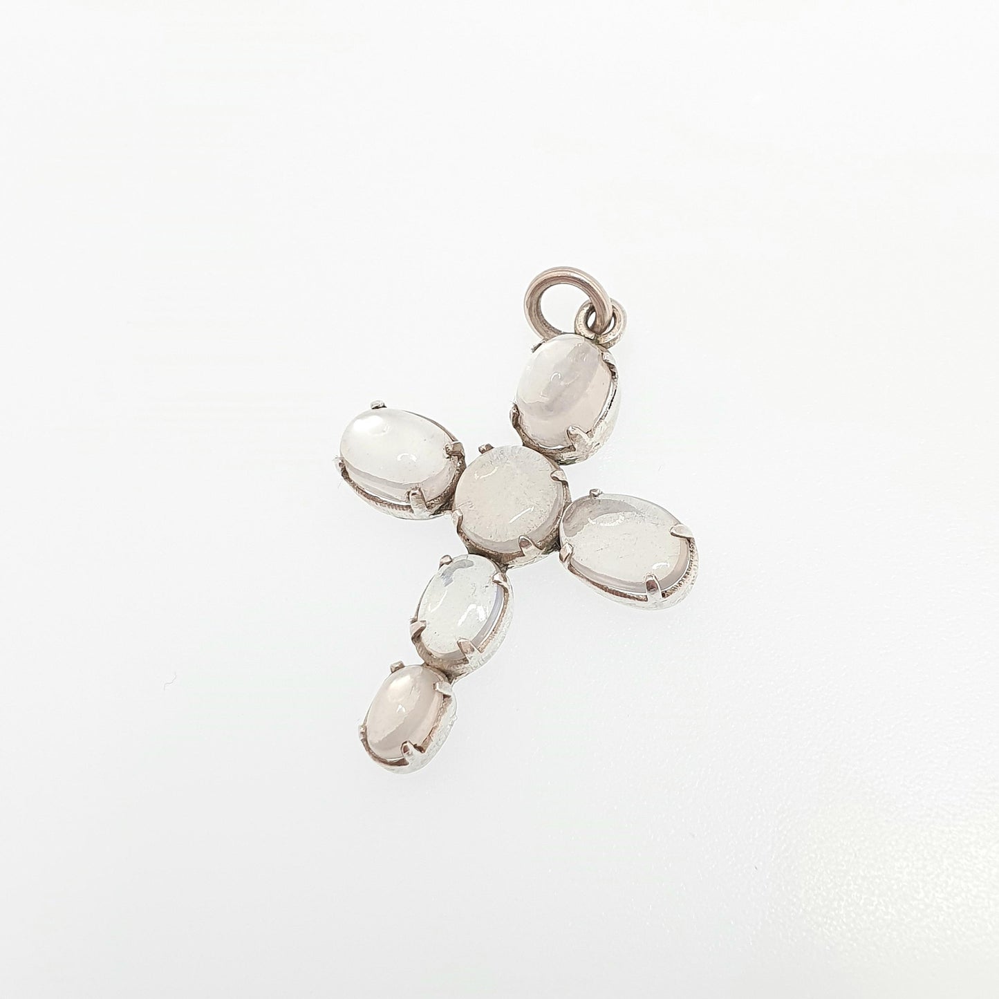Antique Solid Silver Moonstone Cross Necklace Crucifix Pendant Victorian Blue Adularescence Gemstone Jewelry Vintage