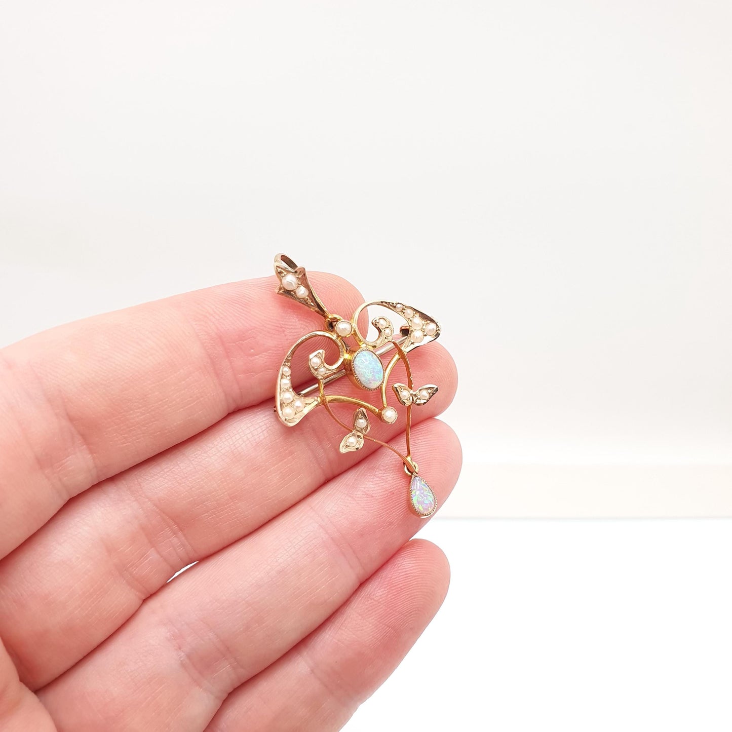 Antique 9ct Gold Opal & Pearl Necklace Pendant Brooch Art Nouveau Solid 9k 9kt Carat Vintage Natural Gemstones Jewelry Jewellery