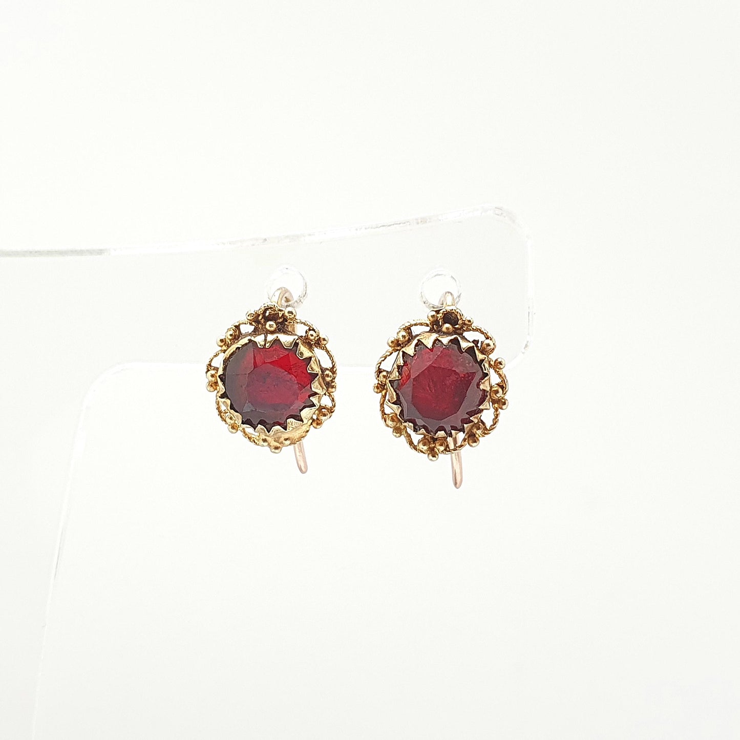 Antique 9k 9ct Gold Garnet Earrings Victorian Foiled Gemstone Solid 375 Filigree Hook Drop Womens Jewelry Jewellery