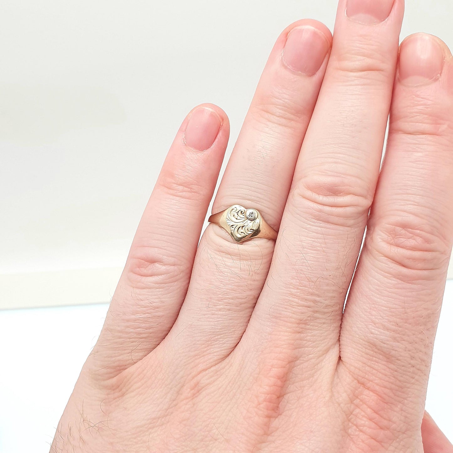 Vintage 9ct Gold Diamond Heart Signet Ring Diamond Gemstone Solid 9k 375 Engraved Womens Jewelry Jewellery