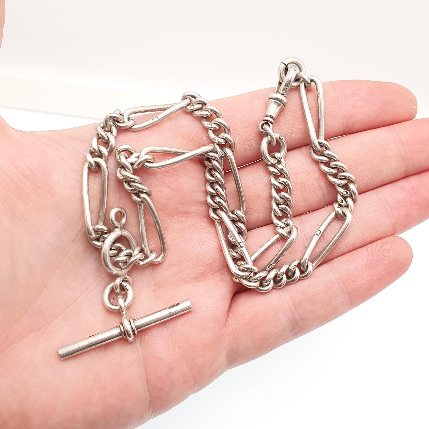 Antique Victorian Sterling Silver Albert Chain T Bar Necklace Figaro Link Curb Dog Clip 42cm 16.5" 50.51g Hallmark Vintage Jewelry