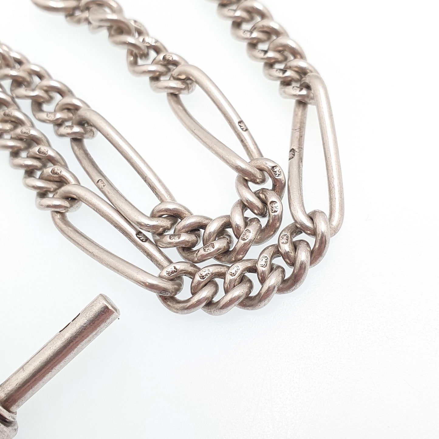Antique Victorian Sterling Silver Albert Chain T Bar Necklace Figaro Link Curb Dog Clip 42cm 16.5" 50.51g Hallmark Vintage Jewelry