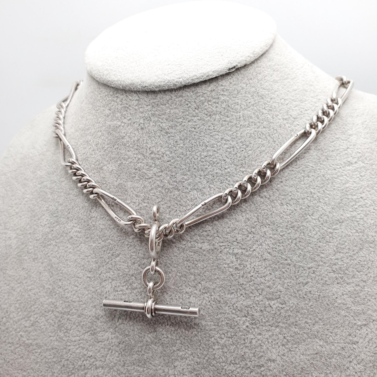 Antique Victorian Sterling Silver Albert Chain T Bar Necklace Figaro Link Curb Dog Clip 42cm 16.5" 50.51g Hallmark Vintage Jewelry