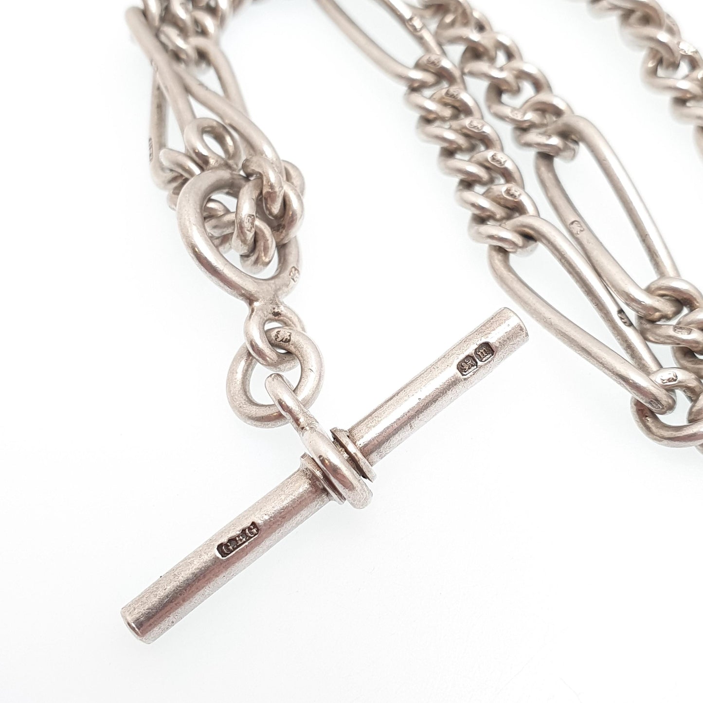Antique Victorian Sterling Silver Albert Chain T Bar Necklace Figaro Link Curb Dog Clip 42cm 16.5" 50.51g Hallmark Vintage Jewelry