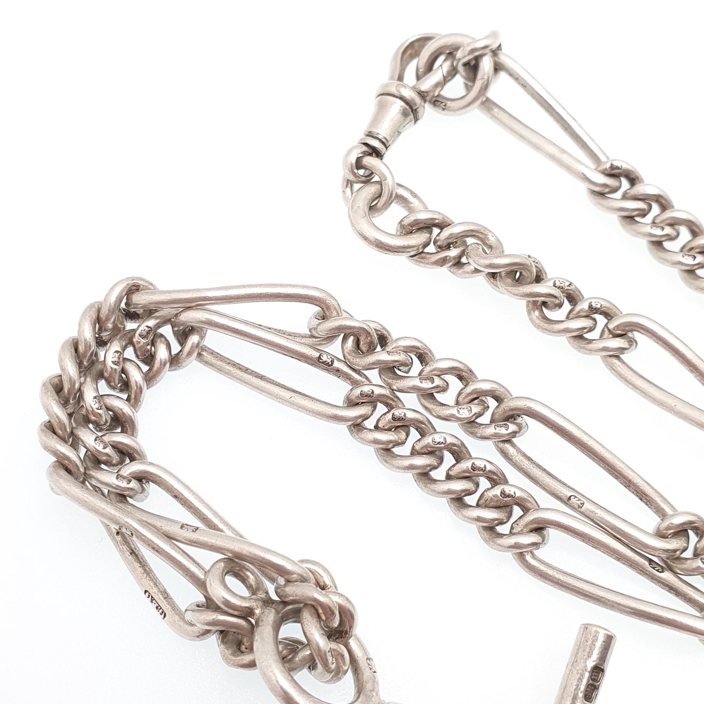 Antique Victorian Sterling Silver Albert Chain T Bar Necklace Figaro Link Curb Dog Clip 42cm 16.5" 50.51g Hallmark Vintage Jewelry