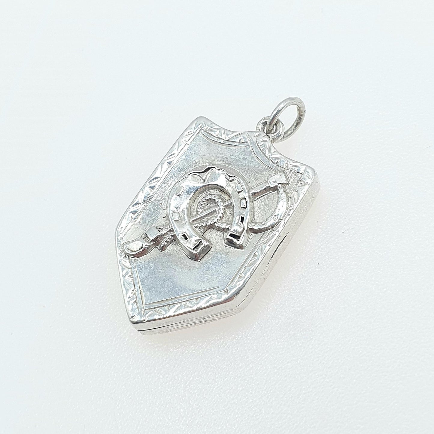 Antique Sterling Silver Horseshoe and Riding Crop Shield Locket Equestrian Horse Riding Vintage Pendant Jewelry Womens Mens Jewellery