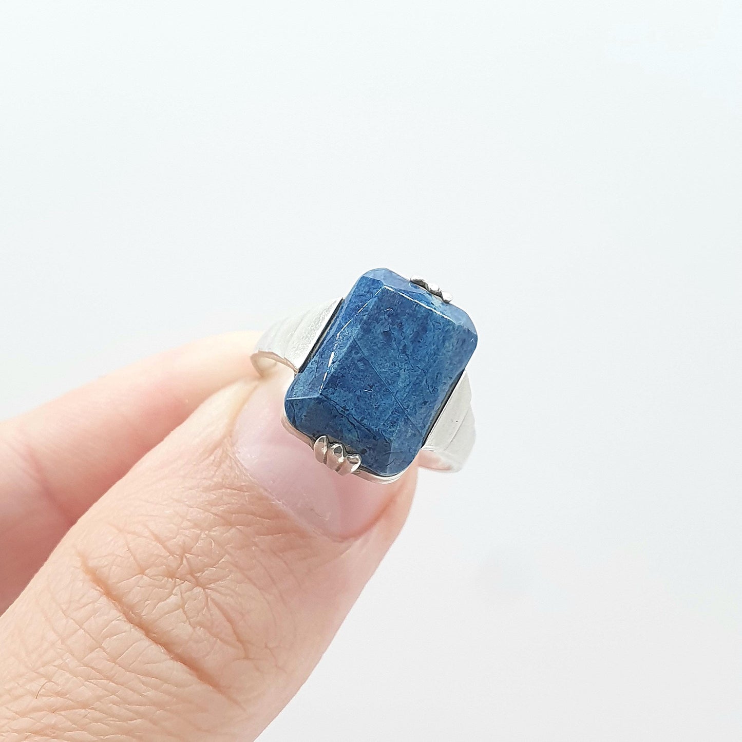 Antique Art Deco Solid Silver Sodalite Ring Rectangular Cut Blue Gemstone Vintage Womens Jewelry Jewellery UK N US 6.5