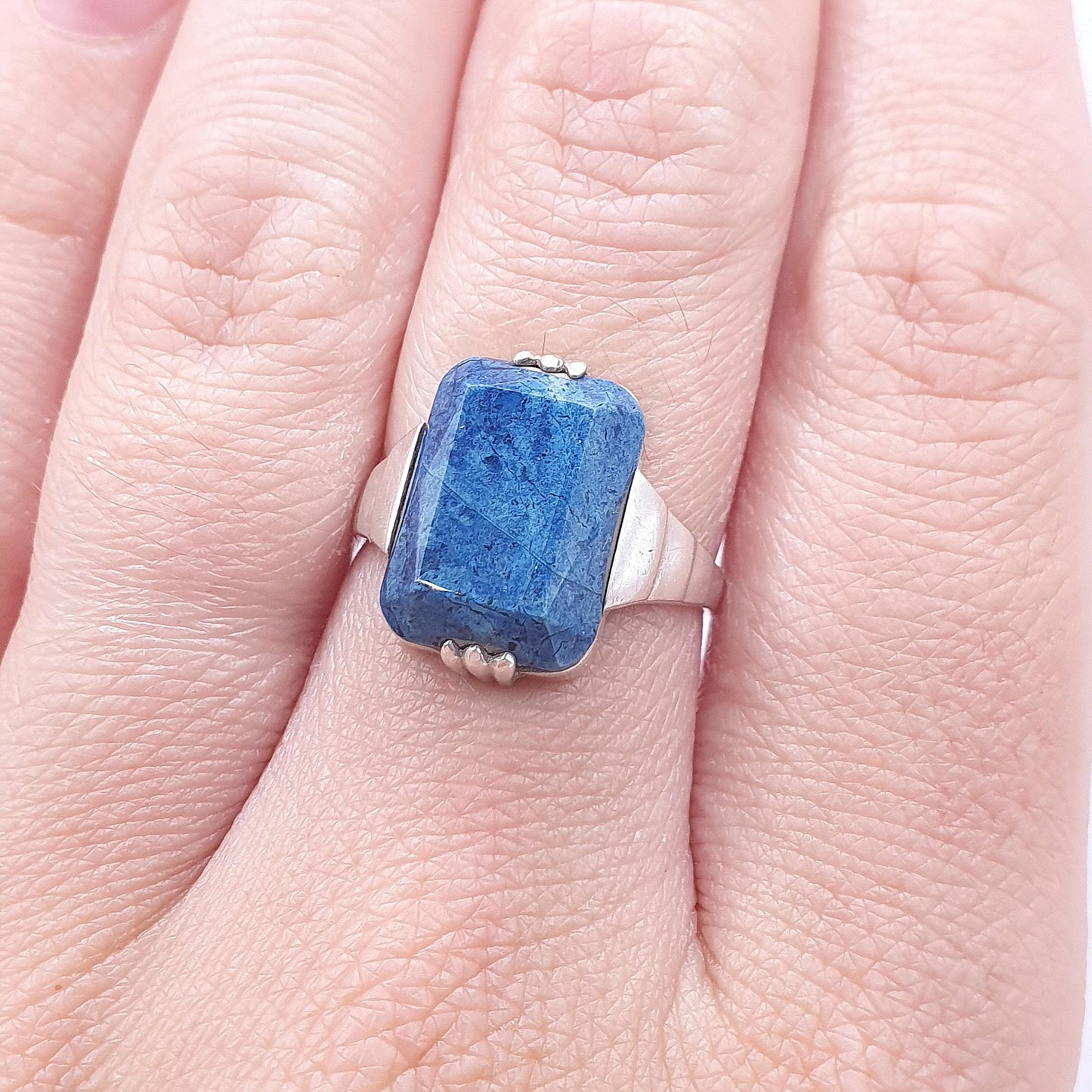 Antique Art Deco Solid Silver Sodalite Ring Rectangular Cut Blue Gemstone Vintage Womens Jewelry Jewellery UK N US 6.5