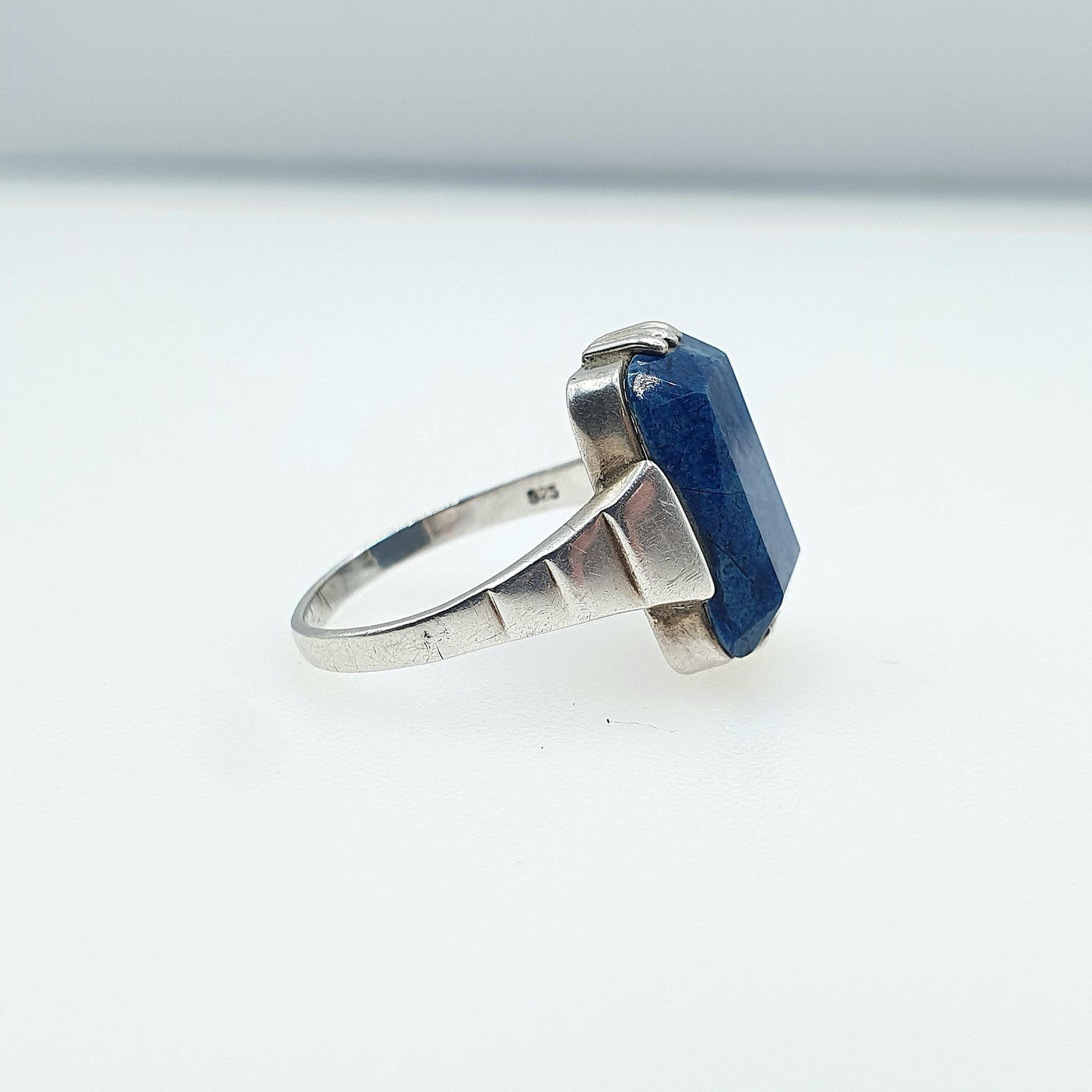 Antique Art Deco Solid Silver Sodalite Ring Rectangular Cut Blue Gemstone Vintage Womens Jewelry Jewellery UK N US 6.5