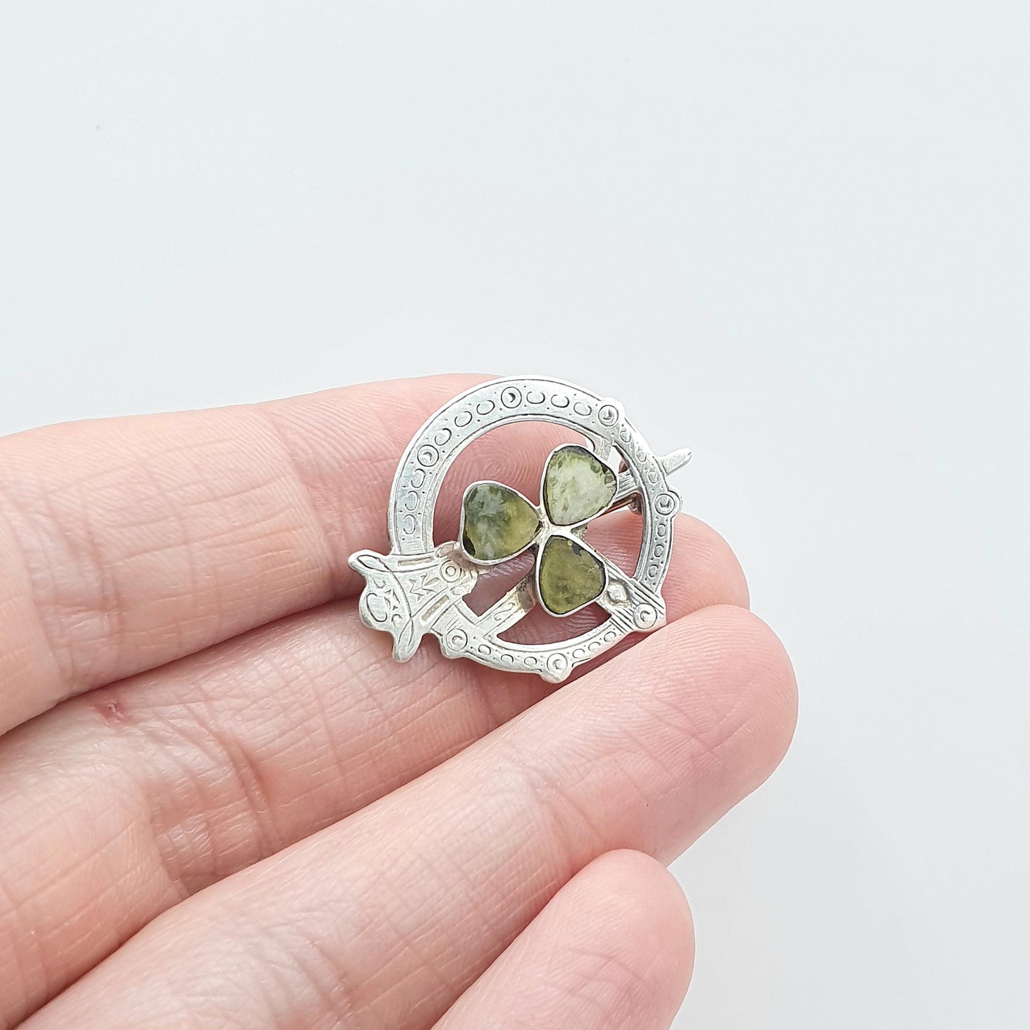 Antique Sterling Silver Connemara Marble Clover Brooch Celtic Gaelic Lucky Gift TLM Jewelry Jewellery Mens Womens Unisex Vintage