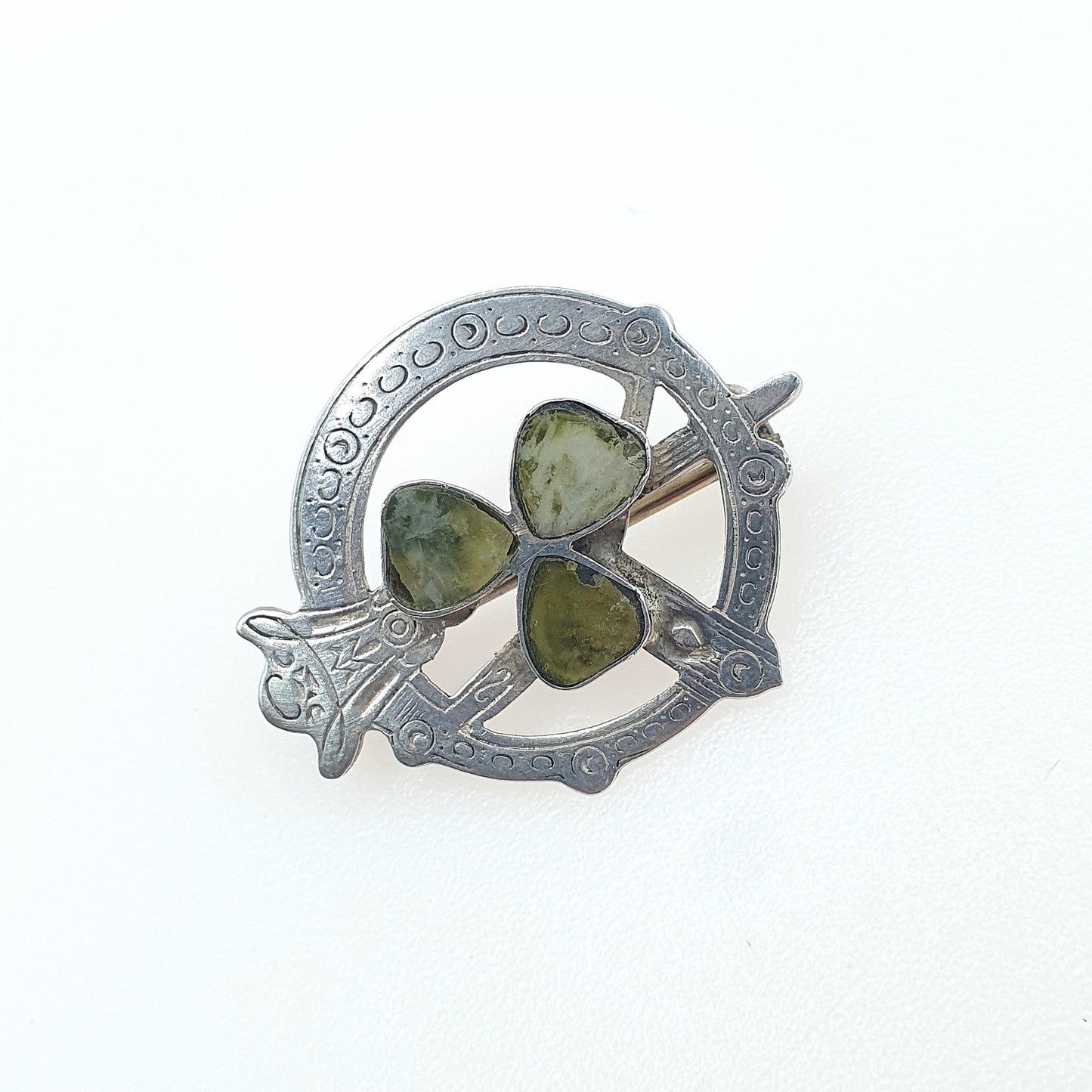 Antique Sterling Silver Connemara Marble Clover Brooch Celtic Gaelic Lucky Gift TLM Jewelry Jewellery Mens Womens Unisex Vintage