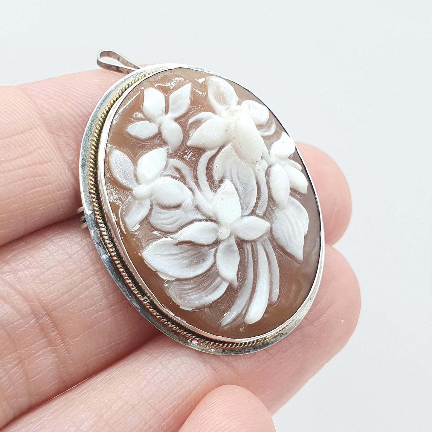 Old Vintage Sterling Silver Flower Cameo Pendant Brooch Shell Floral Necklace Jewelry Womens Jewellery Mens Unisex