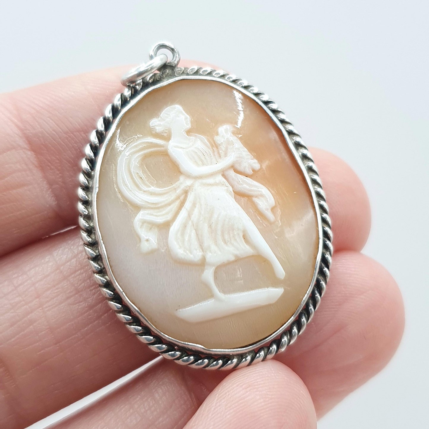Antique Victorian Solid Silver Grace Pendant Necklace Single Grace Hand Carved Shell Mythology Goddess Vintage Jewelry Jewellery