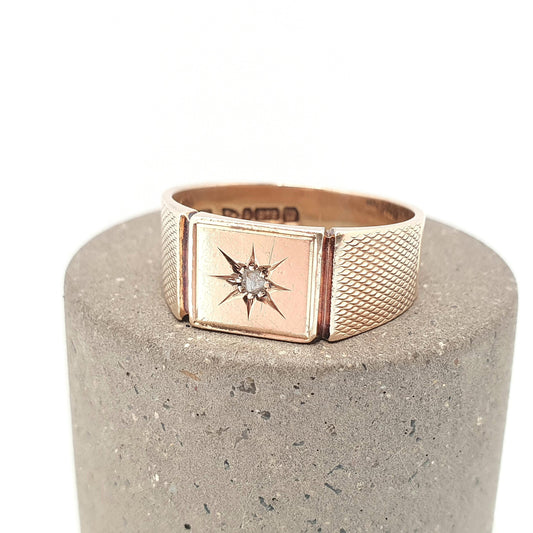 Old Vintage 9ct Gold Diamond Signet Ring 1947 Hallmark Solid 9k 9kt Chunky Square Womens Mens Rings Jewelry Jewellery