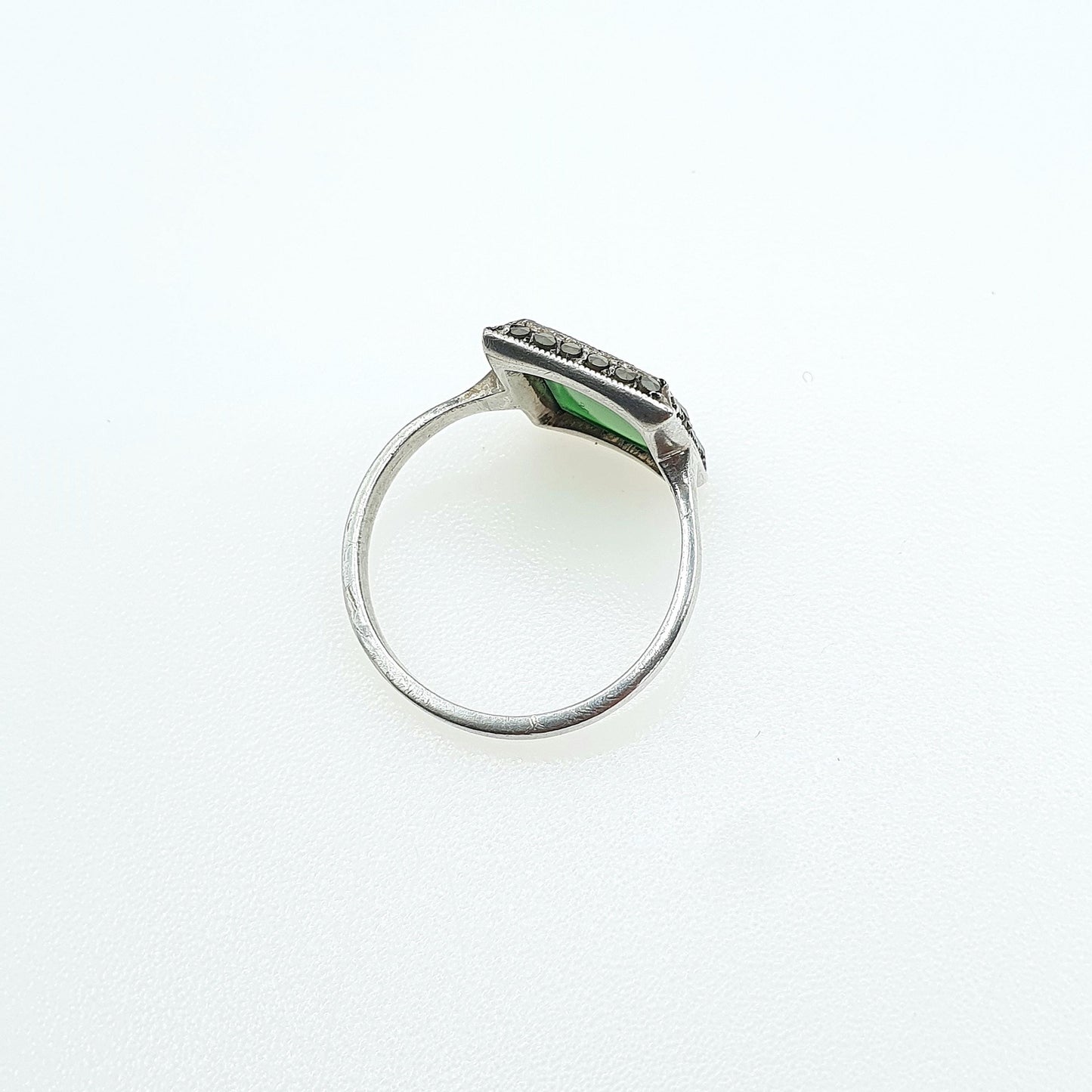 Antique Solid Silver Chrysoprase Ring Art Deco Marcasite Rectangular Green Gemstone Womens Jewelry Jewellery UK O.5 US 7.5