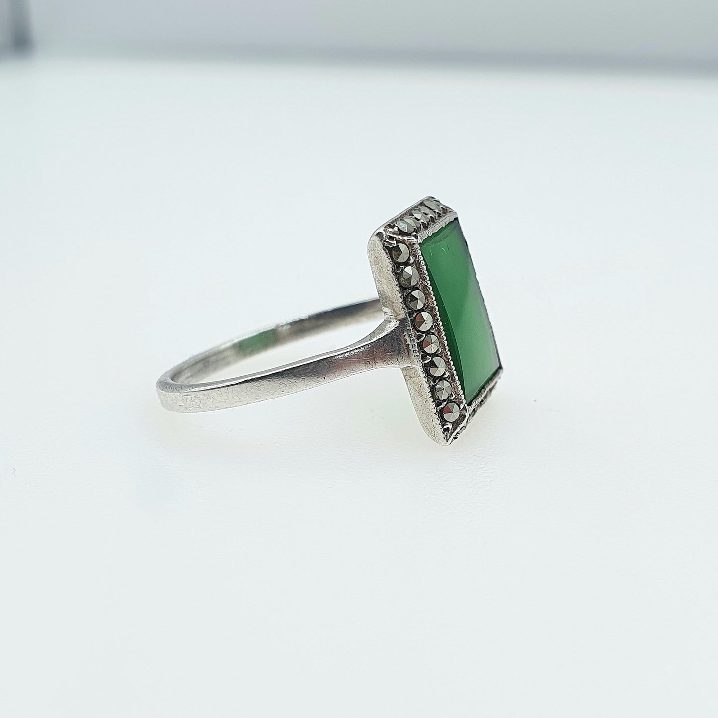 Antique Solid Silver Chrysoprase Ring Art Deco Marcasite Rectangular Green Gemstone Womens Jewelry Jewellery UK O.5 US 7.5