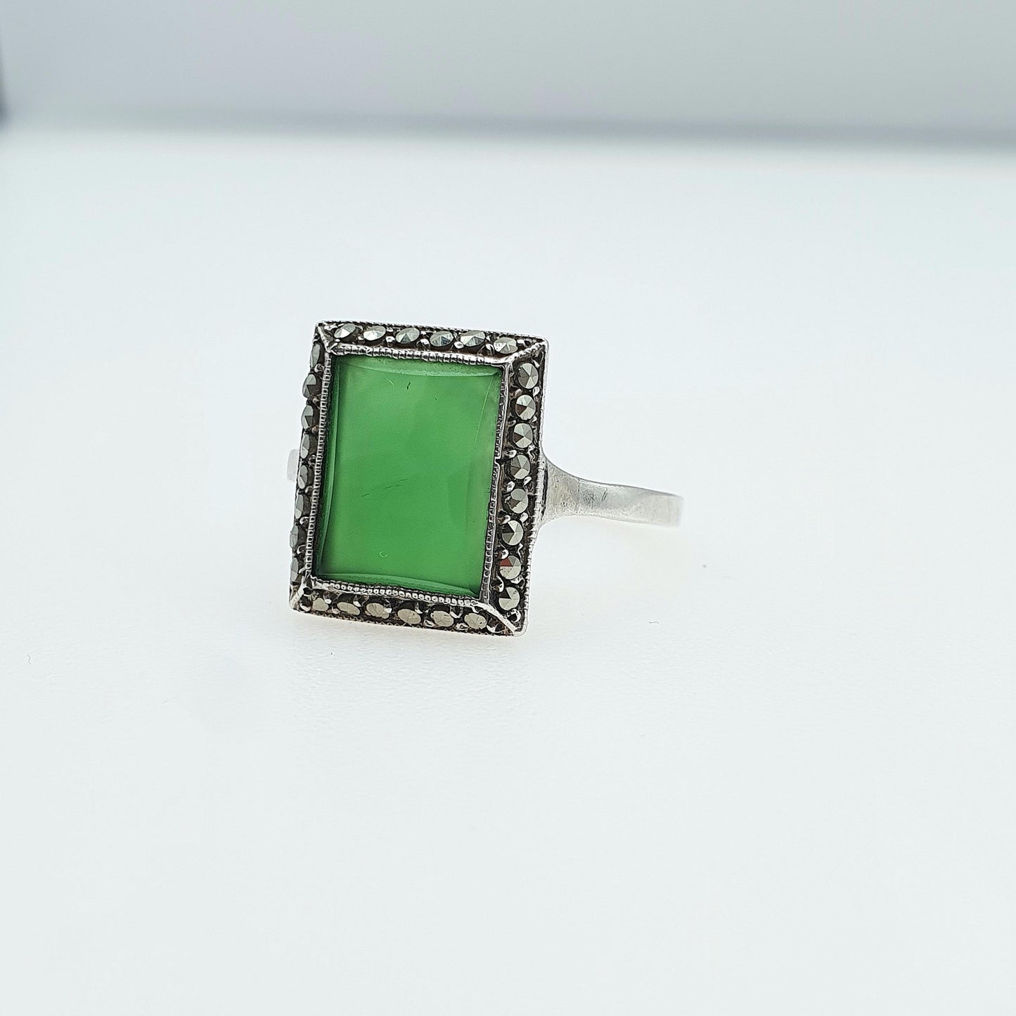 Antique Solid Silver Chrysoprase Ring Art Deco Marcasite Rectangular Green Gemstone Womens Jewelry Jewellery UK O.5 US 7.5