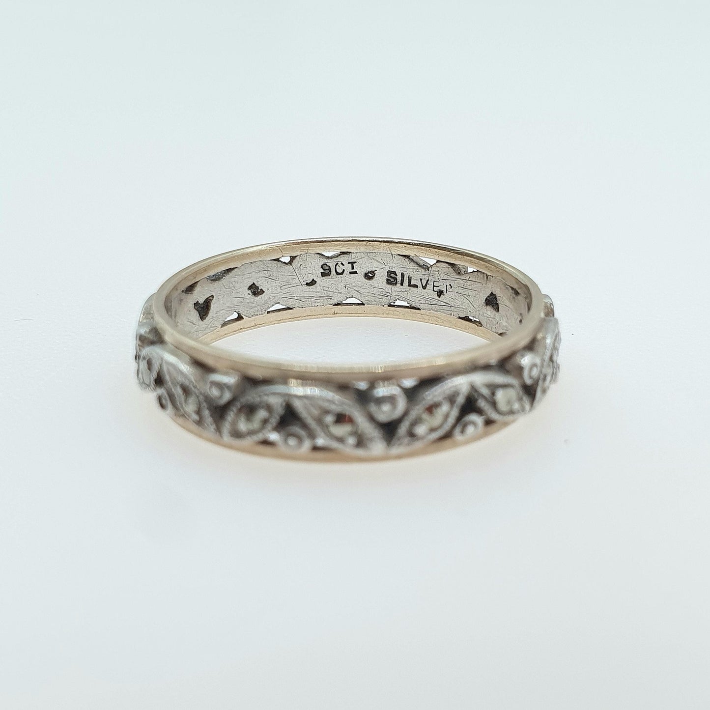 Antique 9ct Gold & Solid Silver Marcasite Eternity Ring Art Deco Leaf Style Pattern Gift Love Womens Mens Jewellery Jewelry UK Q US 8