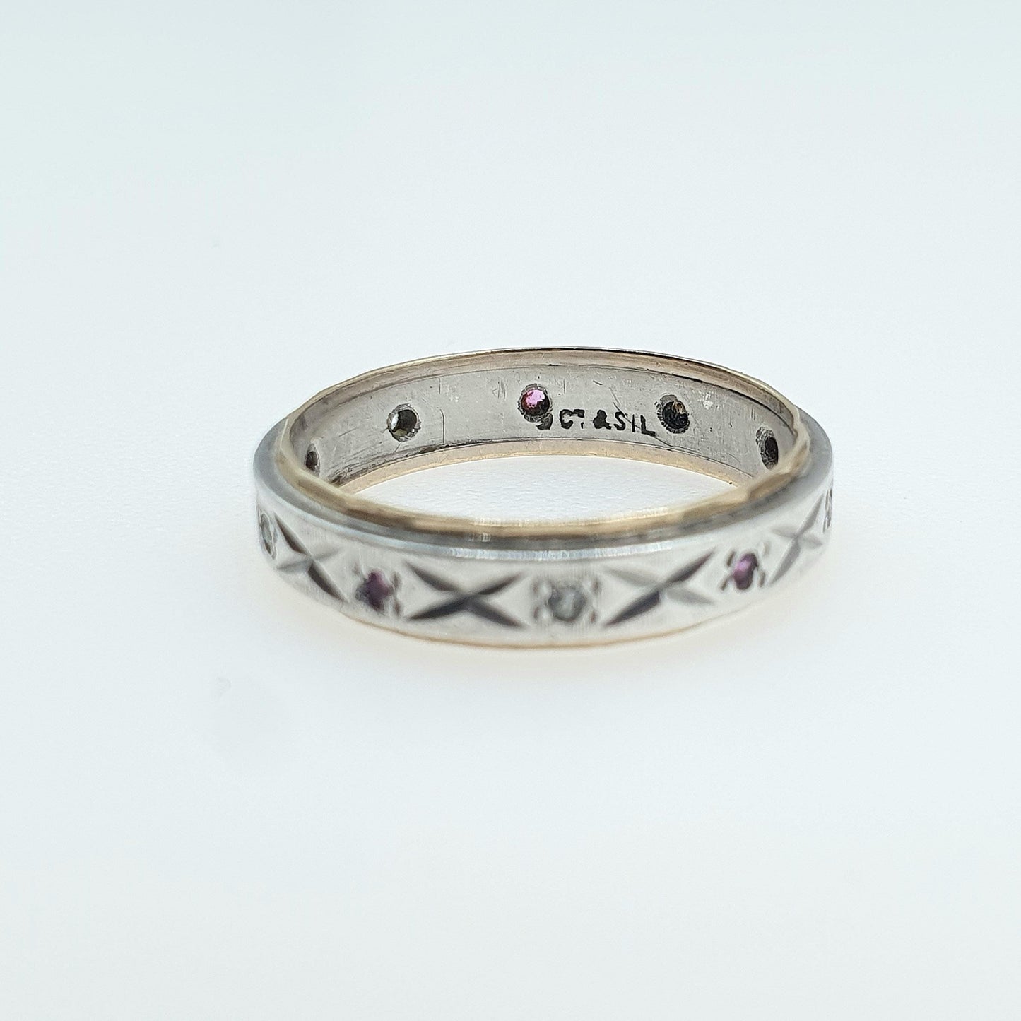 Antique 9ct Gold & Solid Silver Ruby and White Spinel Eternity Ring Art Deco Gift Womens Jewellery Jewelry UK M.5 US 6.5