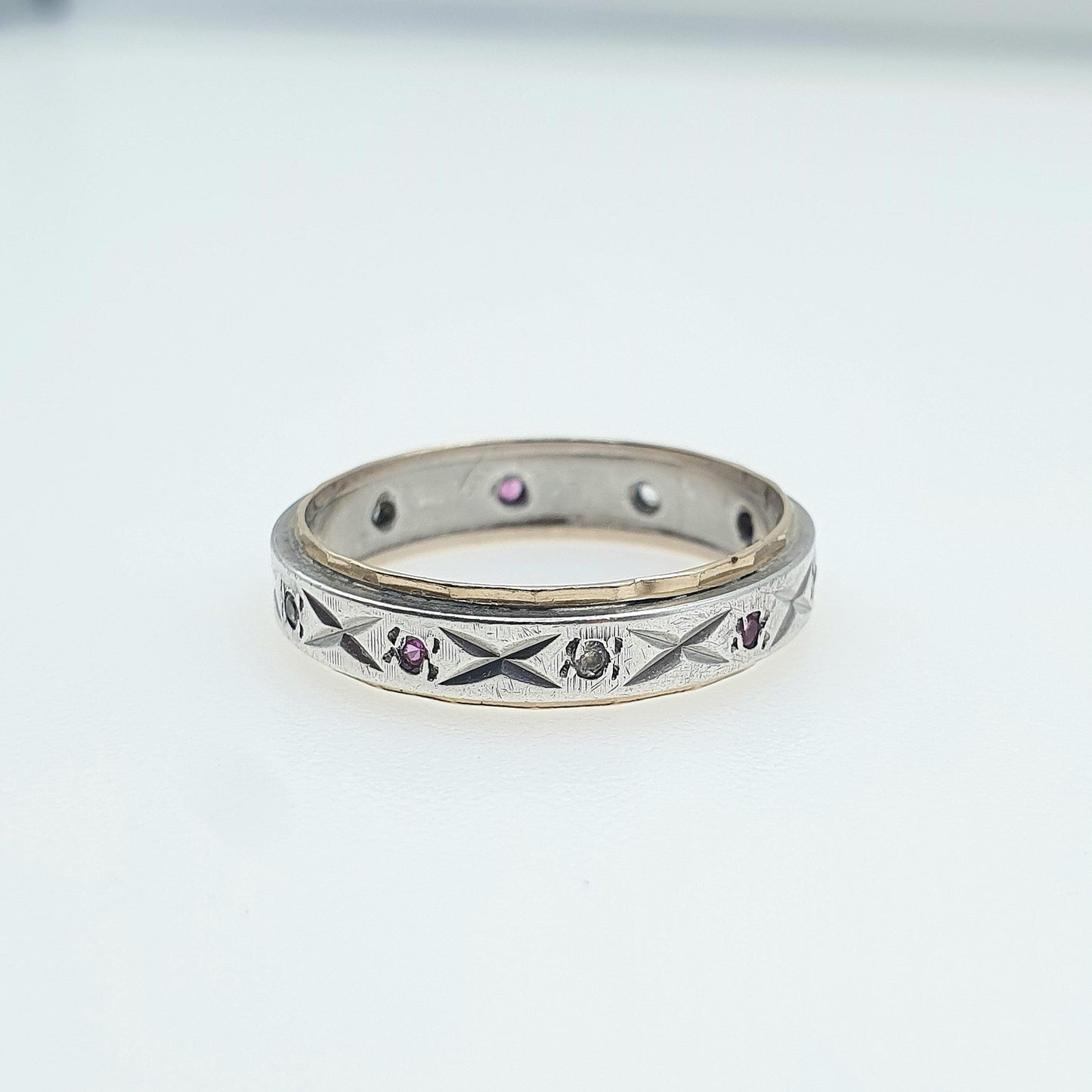 Antique 9ct Gold & Solid Silver Ruby and White Spinel Eternity Ring Art Deco Gift Womens Jewellery Jewelry UK M.5 US 6.5