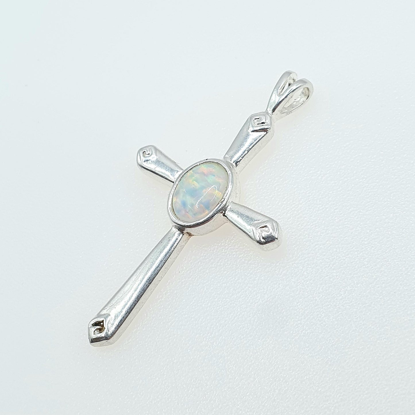 Vintage Sterling Silver Opal Crucifix Pendant Cross White Gemstone Necklace Catholic Christian Jewellery Jewelry Vintage Womens